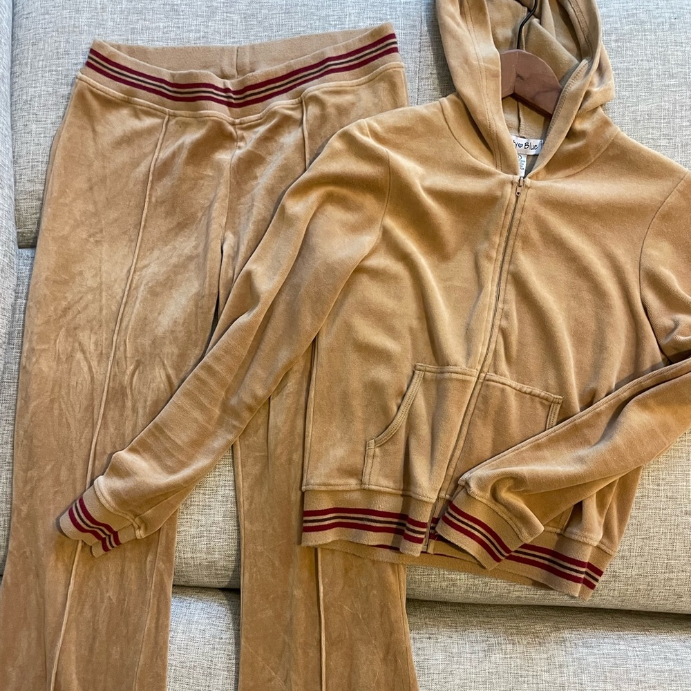 Y2K tan beige velour tracksuit, jacket S, pants L